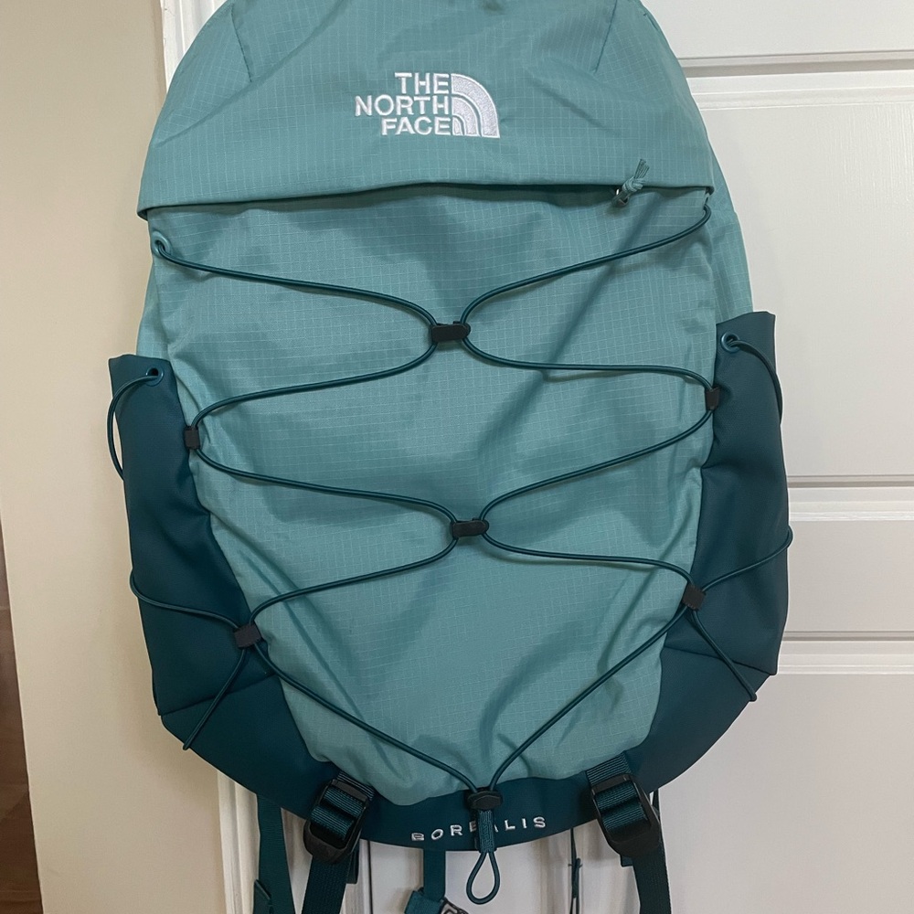 The North Face Teal Green Backpack with Bungee Cord